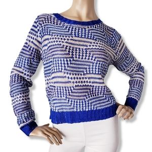 Miss Kelly Blue & White Sequined Geometric Knit Sweater